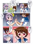  2girls brown_eyes brown_hair comic flower himematsu_school_uniform holding_hands kiyosumi_school_uniform miyanaga_saki multiple_girls purple_hair red_eyes saki scared school_uniform serafuku shaded_face short_hair suehara_kyouko sukiyo tears tied_hair translated trembling 