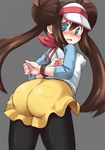  arms_behind_back ass bdsm blue_eyes blush bondage bound bound_wrists box_tie brown_hair double_bun from_behind hat long_hair looking_back mei_(pokemon) pantyhose pokemon pokemon_(game) pokemon_bw2 raglan_sleeves shorts solo twintails visor_cap yoyoyoyou 