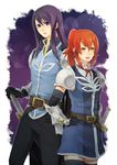  1boy 1girl armor belt breasts elbow_gloves frills gloves hisca_aiheap long_hair open_mouth orange_eyes orange_hair pants ponytail purple_background purple_eyes purple_hair ribbon skirt sword tales_of_(series) tales_of_vesperia tales_of_vesperia:_the_first_strike thighhighs weapon yuri_lowell 