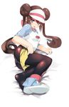  akagi_asahito ass bad_id bad_pixiv_id blue_eyes blush brown_hair double_bun hat highres long_hair lying mei_(pokemon) on_side panties panties_under_pantyhose pantyhose pokemon pokemon_(game) pokemon_bw2 pulled_by_another raglan_sleeves shoes shorts shorts_pull single_shoe solo tears twintails underwear visor_cap 
