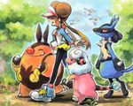  bag brown_hair closed_eyes double_bun drawr flaaffy gen_2_pokemon gen_4_pokemon gen_5_pokemon grass long_hair lucario mei_(pokemon) nature pantyhose pidove pignite pokemon pokemon_(creature) pokemon_(game) pokemon_bw2 raglan_sleeves shorts smile torco_(motoi) tree twintails visor_cap walking 