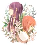  1girl back-to-back blue_eyes coat estellise_sidos_heurassein flower lily_(flower) lily_of_the_valley long_hair pink_hair profile purple_hair serious short_hair tales_of_(series) tales_of_vesperia tsubukiri upper_body yuri_lowell 