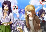  4girls eating food gray_hair grey_hair hamburger hot_dog long_hair multiple_girls original purple_hair red_eyes takao_(yuuki_maya) yuuki_maya 