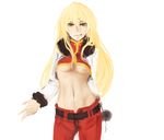  arm_behind_back blonde_hair breasts chibibro crop_top eyelashes fate/stay_night fate/zero fate_(series) genderswap genderswap_(mtf) gilgamesh jewelry medium_breasts midriff navel red_eyes smirk solo underboob 