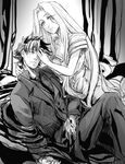  1girl akebi_miso corruption couple dress emiya_kiritsugu facial_hair fate/zero fate_(series) greyscale hetero husband_and_wife irisviel_von_einzbern long_hair monochrome stubble 