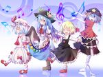  arms_behind_back ascot bandages barefoot bat_wings beamed_sixteenth_notes blonde_hair blouse blue_background blue_eyes blue_hair bobby_socks boots bow closed_eyes dotted_quarter_note dress_shirt eighth_note fang food fork fruit hair_ribbon hat hat_ribbon hinanawi_tenshi hiro_(pqtks113) lavender_hair leaf long_hair long_sleeves looking_at_viewer miyako_yoshika multiple_girls musical_note ofuda open_mouth outstretched_arms peach profile purple_hair quarter_note red_eyes reflection remilia_scarlet ribbon rumia sharp_teeth shirt short_hair short_sleeves sidelocks sixteenth_note skirt smile socks spoon spread_arms star teeth touhou treble_clef vest walking wings zombie_pose 