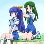  alternate_hairstyle aoki_reika blue_eyes blue_hair blue_neckwear blush grass green_eyes green_hair green_neckwear hair_down hair_ornament hair_ribbon hairdressing isedaichi_ken kneeling long_hair midorikawa_nao multiple_girls nanairogaoka_middle_school_uniform necktie open_mouth ponytail precure ribbon school_uniform short_hair sitting skirt smile smile_precure! 