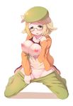  :o bel_(pokemon) blonde_hair blush breasts breasts_outside glasses green_eyes hat highres jacket kneeling large_breasts long_sleeves nipples pants_pull pokemon pokemon_(game) pokemon_bw2 puffy_nipples pulled_by_self pussy pussy_juice ririko_(zhuoyandesailaer) short_hair solo 