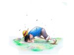  1boy armband black_hair green_grass hands_on_head hat male male_focus monkey_d_luffy one_piece outdoors sabaody_archipelago sandals scream screaming shorts solo straw_hat vest 