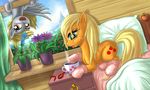  alexmakovsky amber_eyes apple applejack_(mlp) bed blanket blonde_hair bushes curtains cutie_mark derpy_hooves_(mlp) detailed_background duo equine female feral flower friendship_is_magic fruit green_eyes hair hi_res horse mammal morning my_little_pony open_mouth pegasus pillow pony socks tea teacup tongue tongue_out upside_down wings 