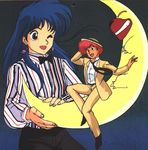  2girls 80s blue_eyes blue_hair dark_skin dirty_pair kei_(dirty_pair) long_hair lowres mughi multiple_girls oldschool paper_moon parody red_hair short_hair yuri_(dirty_pair) 