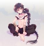  1boy bangle barefoot black_hair bracelet copyright_name english head_tilt indian_style jewelry judal long_hair magi_the_labyrinth_of_magic male male_focus midriff navel pa_kiiro ponytail powd red_eyes simple_background sitting smile solo title_drop very_long_hair 