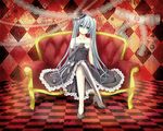  aqua_eyes aqua_hair argyle argyle_background bare_shoulders checkered checkered_floor collarbone couch crossed_legs cup dress elbow_gloves gloves hat hatsune_miku head_tilt high_heels long_hair mil2 mini_hat mini_top_hat shoes single_elbow_glove single_glove single_thighhigh sitting solo striped striped_legwear teacup thighhighs top_hat twintails vertical-striped_legwear vertical_stripes very_long_hair vocaloid 