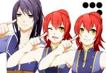  1boy 2girls bare_shoulders belt breasts chastel_aiheap grey_eyes hisca_aiheap long_hair multiple_girls open_mouth ponytail purple_hair red_hair tales_of_(series) tales_of_vesperia tales_of_vesperia:_the_first_strike wink yellow_eyes yuri_lowell 