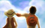  2boys back black_hair brother brothers cloud clouds crying hand_on_hat hand_on_headwear hat hat_over_eyes male male_focus monkey_d_luffy multiple_boys one_piece portgas_d_ace siblings straw_hat tattoo topless vest 