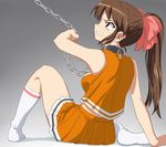  angry arm_support bad_id bad_pixiv_id bare_shoulders blush brown_hair chain cheerleader clenched_teeth collar cuffs long_hair original ponytail scowl shino_(pixia) sitting skirt socks solo teeth 