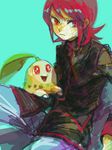  aqua_background chikorita gen_2_pokemon looking_at_viewer pokemon pokemon_(creature) pokemon_(game) pokemon_hgss red_eyes red_hair silver_(pokemon) sitting tegaki tetsuko_(tetsuko009) 