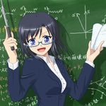  bad_id bad_pixiv_id black_hair blue_eyes book chalkboard copyright_request glasses glint open_mouth pointer shino_(pixia) short_hair solo teacher 