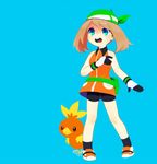  bag bandana bike_shorts blue_background blue_eyes brown_hair gen_3_pokemon gloves haruka_(pokemon) open_mouth pokemon pokemon_(creature) pokemon_(game) pokemon_emerald pokemon_rse surprised tetsuko_(tetsuko009) torchic 