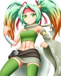  belt detached_sleeves duel_monster gradient_hair green_eyes green_hair headband multicolored_hair orange_hair pataniito pataryouto reeze,_whirlwind_of_gusta ribbon thighhighs twintails yu-gi-oh! yuu-gi-ou_duel_monsters 