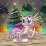  alexmakovsky christmas decoration decorations detailed_background dragon fangs feather feral friendship_is_magic green_eyes holidays inside lights male my_little_pony scalie scroll solo spike_(mlp) star tongue tongue_out tree wood xmas 