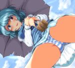  :p blue_hair blush from_below geta heterochromia holding karakasa_obake looking_at_viewer panties pantyshot purple_umbrella short_hair smile solo striped striped_panties tatara_kogasa teasing tongue tongue_out touhou umbrella underwear yoriyuki_chiyo 