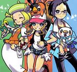  2girls baseball_cap bel_(pokemon) cheren_(pokemon) denim denim_shorts gen_5_pokemon glasses hat holding holding_poke_ball multiple_girls oshawott pantyhose poke_ball pokemon pokemon_(creature) pokemon_(game) pokemon_bw shorts snivy tepig torco_(motoi) touko_(pokemon) 