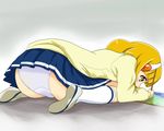  ass bent_over blonde_hair blush concentrating hairband kise_yayoi kneehighs nanairogaoka_middle_school_uniform panties pantyshot precure school_uniform shoe_soles shoes short_hair sketching skirt smile_precure! sweater takizi underwear uwabaki white_hairband white_panties 