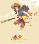  1boy bag black_hair full_body goggles hat leaf leaves male male_focus monkey_d_luffy one_piece one_piece:_strong_world open_clothes open_shirt running sandals scar shirt shorts smile solo stick straw_hat 