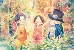  3boys bandage bandaid black_hair blonde_hair brother brothers child clothes_writing east_blue freckles goggles happy hat male male_focus missing_tooth monkey_d_luffy multiple_boys one_piece outdoors plant pole portgas_d_ace sabo_(one_piece) siblings sirius0512 smile straw_hat top_hat tree younger 