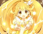  :o blonde_hair blush bow choker cure_peace double_v hair_flaps hair_ornament kise_yayoi long_hair magical_girl no_choker open_mouth ponytail precure skirt smile_precure! solo spark v wara_(warapro) wrist_cuffs yellow yellow_bow yellow_eyes yellow_skirt 