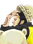  bear bepo black_circles black_hair earrings facial_hair goatee hand_on_face hand_on_own_face hat heart_pirates hood hoodie jewelry leaning male male_focus one_piece raglan_sleeves simple_background solo tattoo trafalgar_law white_background 