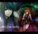  1boy 1girl armor belt black_hair blue_eyes boots breasts hisca_aiheap long_hair open_mouth orange_eyes orange_hair ponytail skirt sword tales_of_(series) tales_of_vesperia tales_of_vesperia:_the_first_strike weapon yuri_lowell 