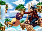  1boy billy_(one_piece) bird black_hair flying hat male male_focus monkey_d_luffy necktie ocean one_piece one_piece:_strong_world outdoors pointing red_shirt riding sandals scar shirt smile solo straw_hat water waterfall 
