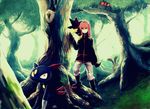  boots forest gen_2_pokemon gloves glowing glowing_eyes hoothoot murkrow nature pokemon pokemon_(creature) pokemon_(game) pokemon_gsc red_hair sentret silver_(pokemon) silver_eyes sneasel tetsuko_(tetsuko009) tree 