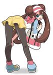  ass bag bent_over black_legwear blue_eyes blush brown_hair double_bun handbag hat long_hair massala mei_(pokemon) pantyhose pokemon pokemon_(game) pokemon_bw2 raglan_sleeves shorts smile solo twintails visor_cap 