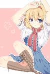  :&lt; alice_margatroid arms_up blonde_hair blue_eyes blush boots capelet cross-laced_footwear dress hairband hasetomo lace-up_boots short_hair solo sweatdrop touhou 