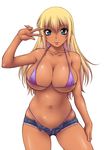  bikini blonde_hair blue_eyes breasts dark_skin denim denim_shorts eyebrows_visible_through_hair large_breasts lipstick long_hair makeup micro_bikini multicolored_hair onizuka_takuto original pink_hair purple_bikini purple_swimsuit short_shorts shorts simple_background skindentation solo string_bikini swimsuit tan two-tone_hair unbuttoned v_over_eye 