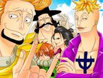  black_hair blonde_hair facial_hair flower_sword_vista haruta_(one_piece) hat izou_(one_piece) lowres male male_focus marco multiple_boys mustache one_piece orange_hair scar tattoo thatch top_hat whitebeard_pirates 