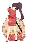  ayu_(mog) bad_id bad_pixiv_id blush brown_eyes flower from_behind japanese_clothes kimono long_hair looking_back original ponytail scabbard sheath solo sword unsheathing weapon 