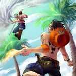  2boys alabasta black_hair blue_sky cigar fighting fire freckles grey_hair grin hat jacket jolly_roger jump jumping knife male male_focus multiple_boys one_piece open_clothes open_jacket outdoors palm_tree pirate portgas_d_ace sky smile smoke smoker smoking tattoo topless tree weapon 