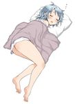  barefoot blanket blue_hair blush closed_eyes comic_studio no_pants official_art pillow sekai_ichiko sleeping solo ubizo zzz 