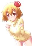  banderasu blonde_hair blush bottomless breast_squeeze breasts hair_ribbon highres large_breasts looking_at_viewer naked_sweater no_pants red_eyes ribbed_sweater ribbon rumia short_hair simple_background solo sweater touhou 