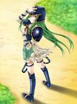  armor blue_armor boots detached_sleeves dress fire_emblem fire_emblem:_akatsuki_no_megami fire_emblem:_souen_no_kiseki green_eyes green_hair helmet highres long_hair nephenee solo tamamon 