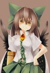  arm_cannon blush bow breasts brown_hair hair_bow hand_on_hip long_hair medium_breasts page reiuji_utsuho skirt smile solo third_eye touhou weapon wings 