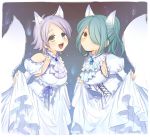  2girls animal_ears aqua_hair bare_shoulders blush breasts brown_eyes dress fox_ears fox_tail fubuki_shirou genderswap genderswap_(mtf) green_eyes grey_hair hair_over_one_eye inazuma_eleven inazuma_eleven_(series) kazemaru_ichirouta looking_at_viewer medium_breasts multiple_girls open_mouth sideboob skirt_hold smile tail tomo_(sjim) 