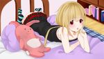  blonde_hair candy dress food futaba_anzu idolmaster idolmaster_cinderella_girls lollipop long_hair lying on_stomach pink_eyes ratsuku_kinoko solo stuffed_animal stuffed_bunny stuffed_toy thighhighs 