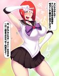  armpits bishoujo_senshi_sailor_moon blue_eyes blush breasts choker elbow_gloves forte_stollen galaxy_angel gloves hand_on_hip highres huge_breasts impossible_clothes magical_girl miniskirt monocle one_eye_closed open_mouth parody rainbow_background red_hair sailor_collar sailor_senshi_uniform sawao short_hair skirt solo sweat translation_request v_over_eye 
