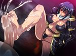  1girl armor barefoot bikini_armor breasts censored crotch cum cum_on_body cum_on_lower_body dieselmine dutch_angle ejaculation feet femdom footjob from_below indoors large_breasts leg_lift long_hair okasare_yuusha_ririshiku_sekai_wo_sukuu_hazu_datta_boku penis pov_feet standing sweat toes violated_hero warrior 