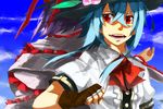  alternate_hair_length alternate_hairstyle blue_hair bow cloud day fingerless_gloves food frills fruit gloves hat hinanawi_tenshi leaf multiple_girls nagae_iku open_mouth peach puffy_sleeves purple_hair red_eyes rou_honoo short_hair short_sleeves sky touhou 